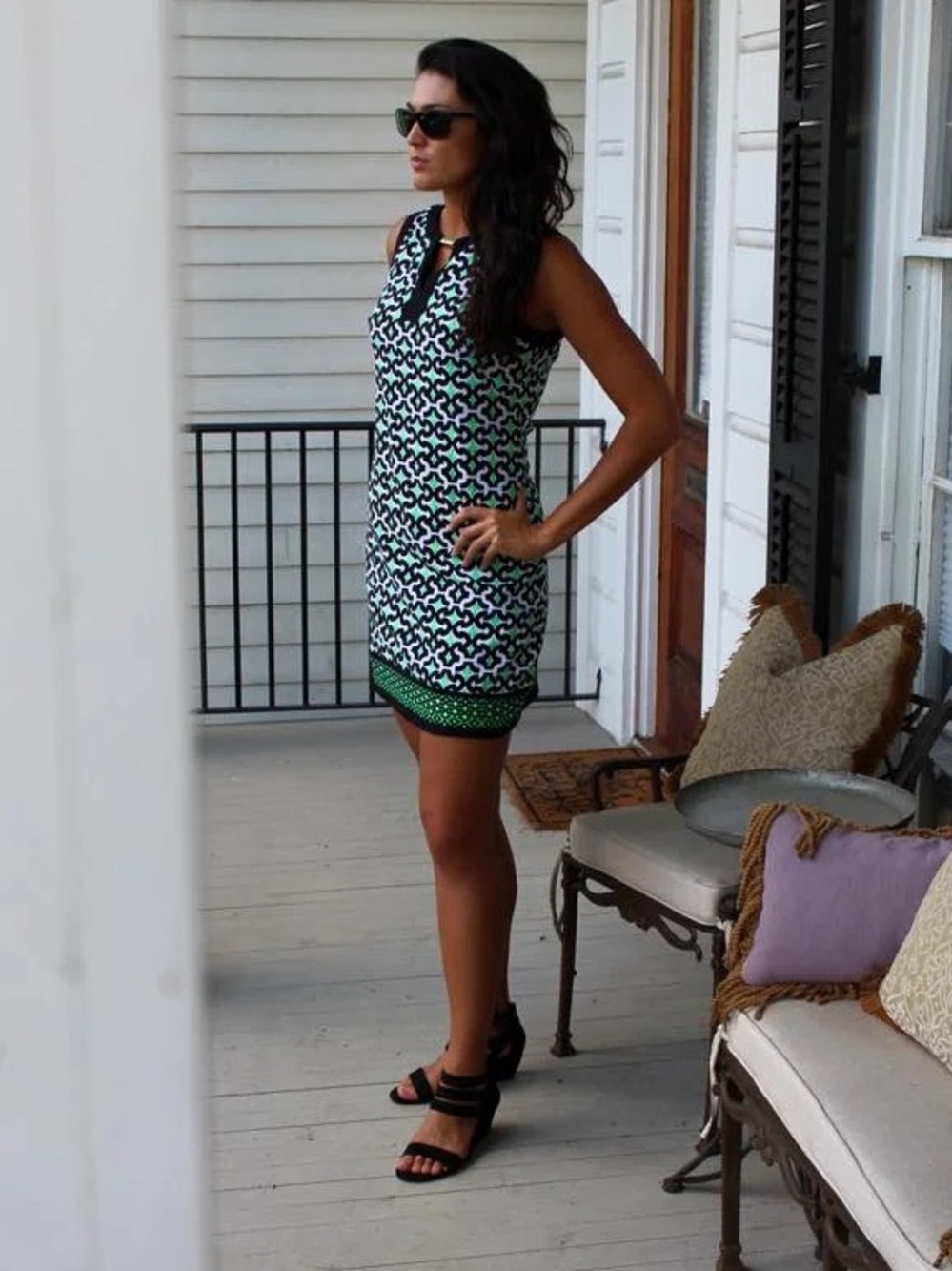 London Times Keyhole Block Neck Shift Dress Green & Black Preppy Pattern Size 8